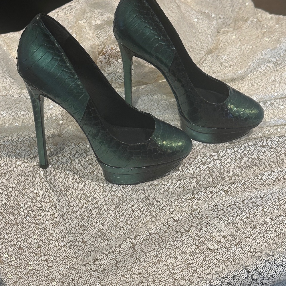 Brian Atwood platform teal croc pump